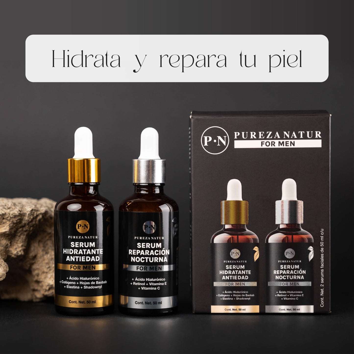 PUREZA NATUR Pack de cuidado facial para hombre completo con serum de día y de noche | Hidratación, proteccion y regeneración paquete