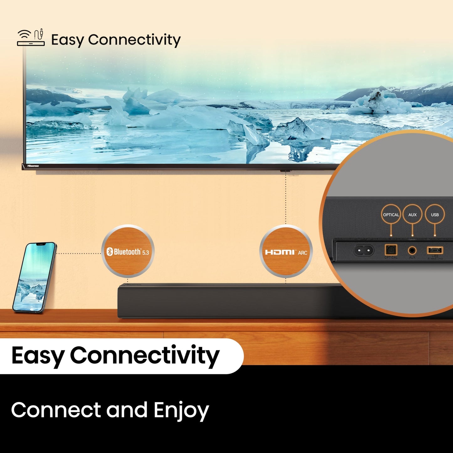 Hisense HS5100-5.1 Canal 540 W Barra de Sonido con subwoofer inalámbrico de 6.5 Pulgadas, 540 W de Potencia máxima de Audio, 5.3 Bluetooth inalámbrico, Alimentado por DTS Virtual: X, HDMI
