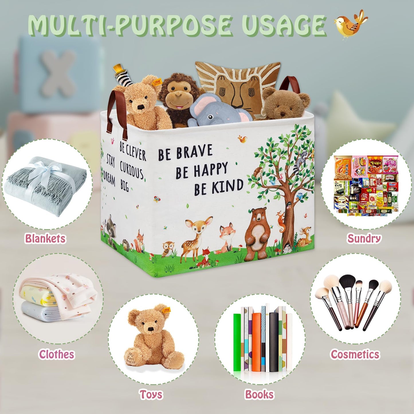 Woodland - Cesta de regalo para bebé, cesta de almacenamiento para niños, cesta de almacenamiento de animales de la selva, oso ciervo, conejo, cesta de almacenamiento plegable para ropa, libro de