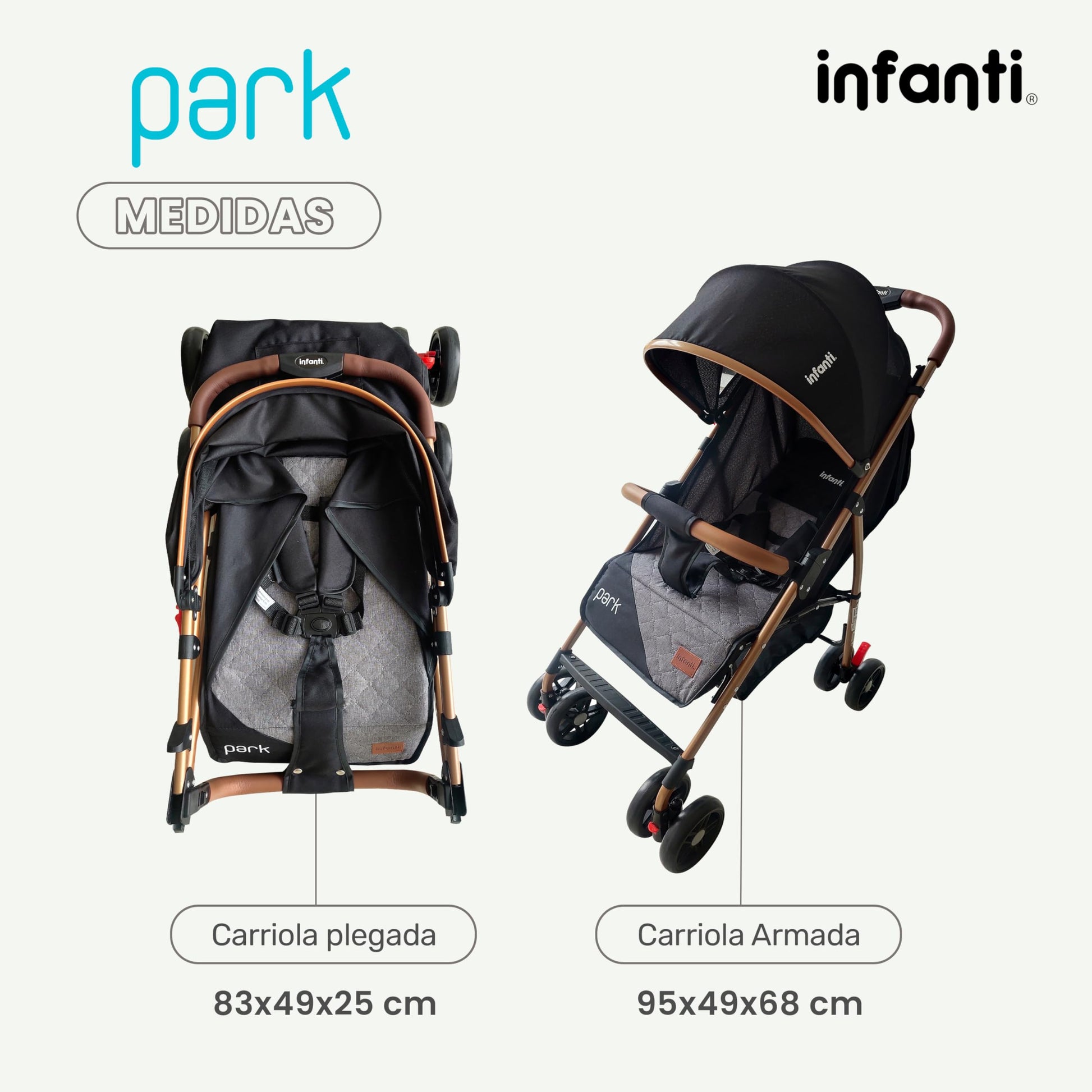 INFANTI | Carriola para Bebe PARK Negro | Carreola con Portabebé - Carriola de Viaje - Carrito para Bebe | Cosas para Bebes 6 Meses hasta 15 kg - Compacta y Plegable | Barra de Seguridad Desmontable