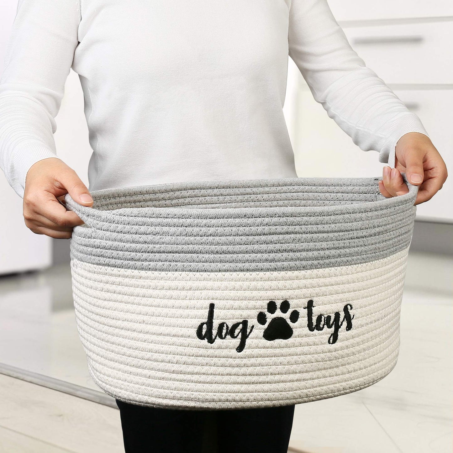 PrimePets - Cesta de juguetes de cuerda de algodón para perros, cesta pequeña con asas, contenedor de almacenamiento tela para perros, mascotas, 15 x 10 x 9 pulgadas, soporte para contenedores para