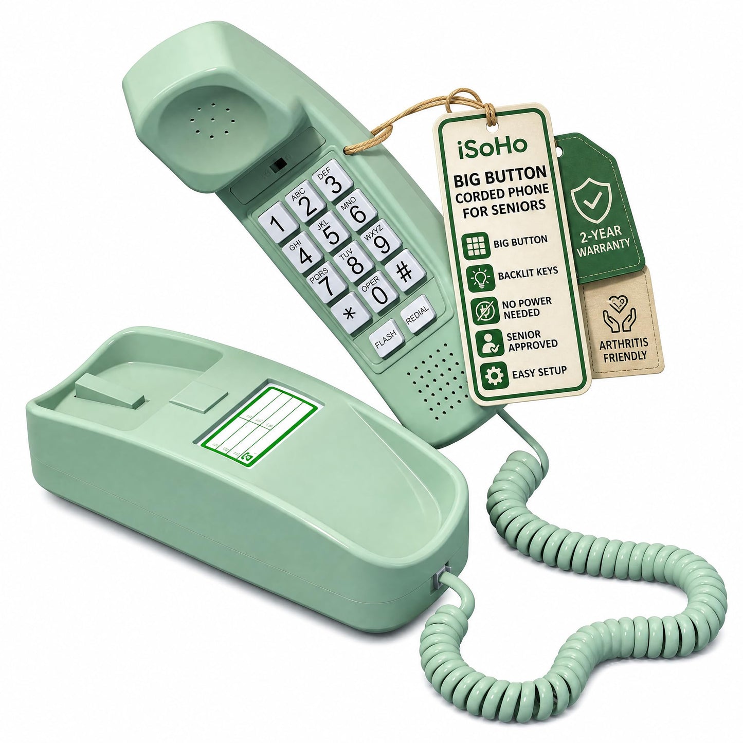 Teléfono Trimline - Da la tierra y verde - Diseño de rosas duradera de teléfono - Una mejorada versión de la princesa en 1965 teléfonos - Un/K/un teléfono Slimline - Réplica de estilo Retro con botones grandes teléfonos para personas mayores - 30 da y gar