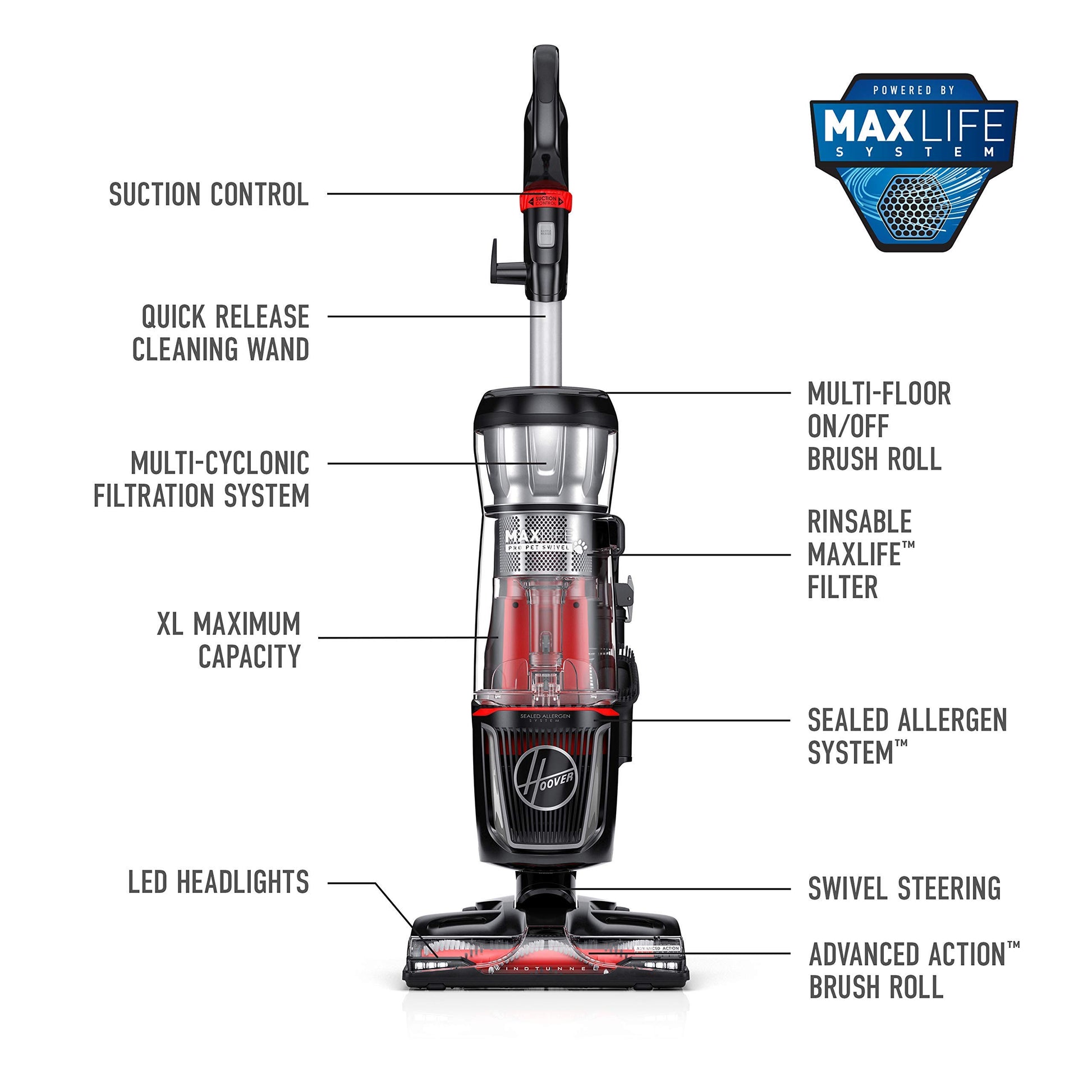 Hoover MaxLife Pro - Aspiradora giratoria para Mascotas, aspiradora Vertical sin Bolsa, filtración de Medios HEPA, Sistema MaxLife, tecnología WindTunnel, aspiradoras con Cable para Uso doméstico