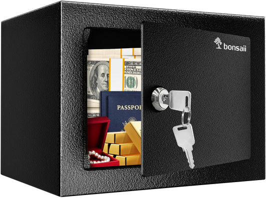 Bonsaii Caja de seguridad con cerradura de llave, caja de seguridad de acero, 0.23 pies cúbicos, 9.0 pulgadas de ancho x 6.7 pulgadas de profundidad x 6.7 pulgadas de alto, pequeña caja de seguridad
