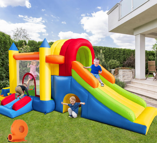 Hongcoral - Castillo inflable 8 en 1 con soplador grande para niños y niños, con dos toboganes inflables para interiores y exteriores, con dos toboganes