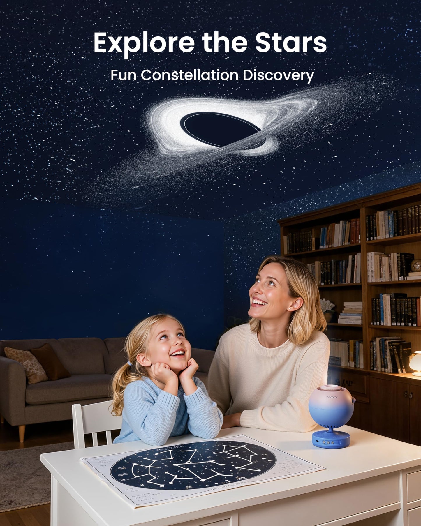 POCOCO Proyector Galaxy Star con lente de 2 m píxeles y discos 5 K, proyector de planetario para relajación, estudio y ayuda al sueño, incluye 2 películas, regalo ideal