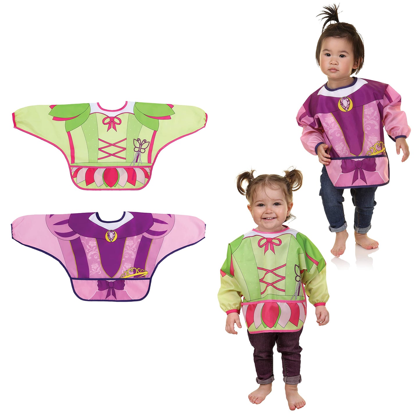 Dreambaby Baberos de personaje para niña: Princesa y Hada. 2 piezas, Manga larga, Plástico impermeable fácil de limpiar, con bolsillo, ideal para comer o pintar, 1 a 4 años.