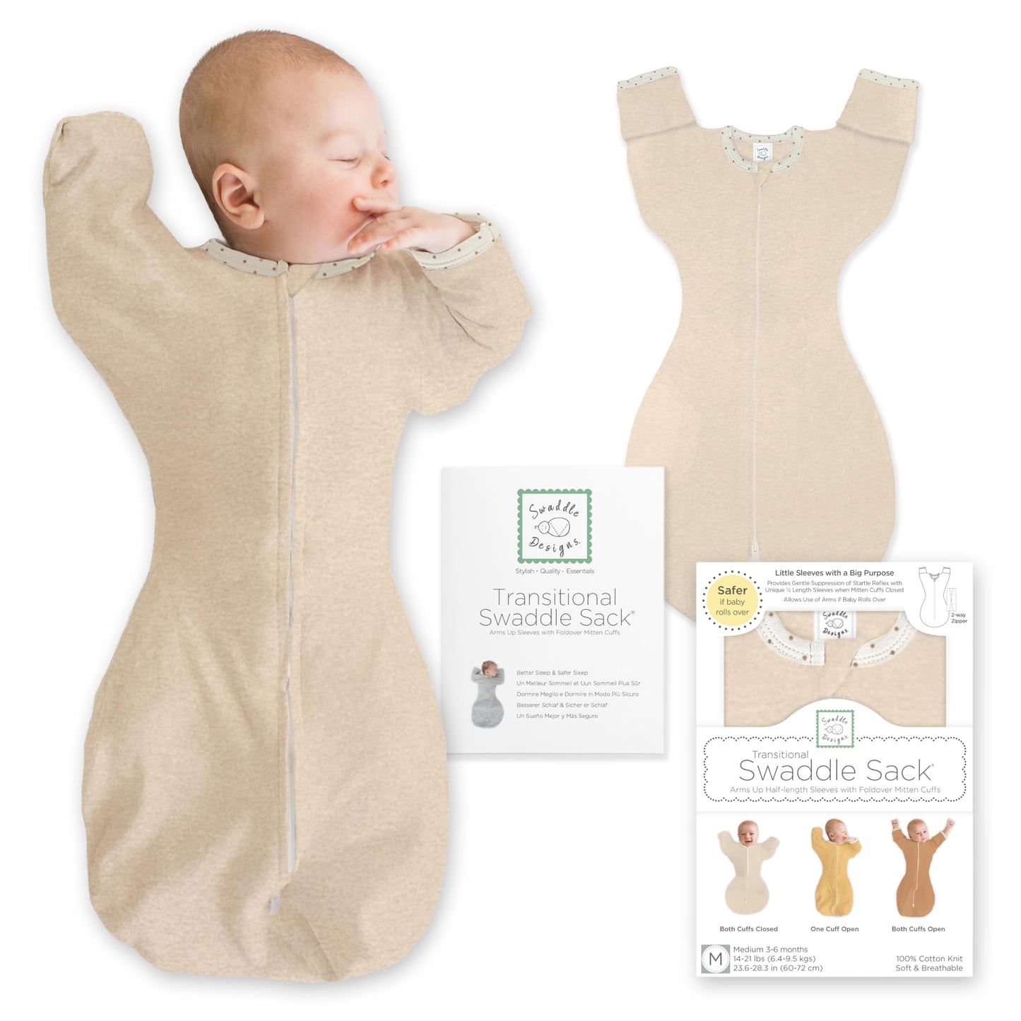 SwaddleDesigns - Saco de Envolver de transición con Brazos hasta Mangas de Media Longitud y puños de manopla, Grande, 6-9 Meses, 20-25 Libras, Avena Jaspeada (Envoltura de Brazos Arriba, Saco de
