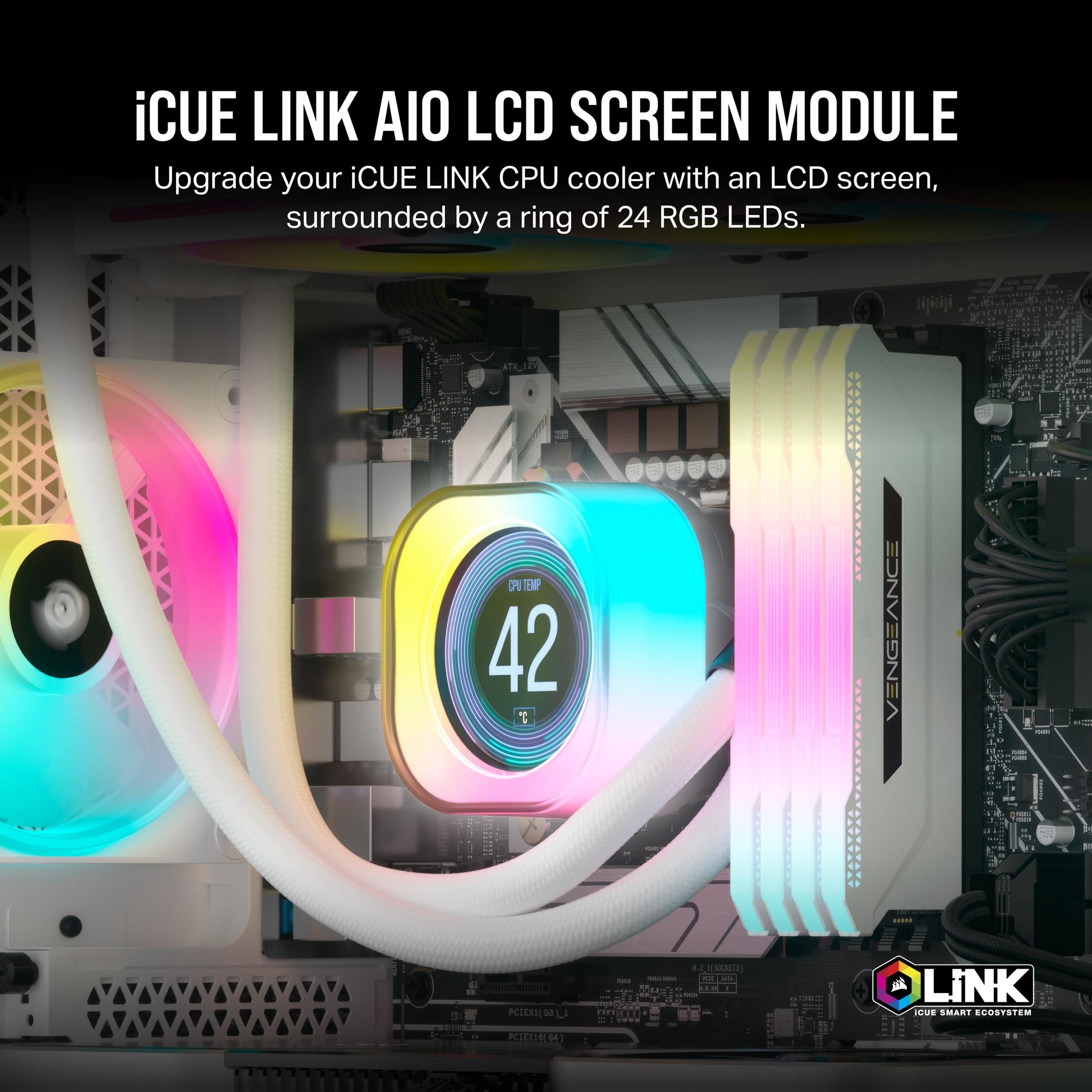 Corsair iCUE Link AIO LCD Módulo de Pantalla - Pantalla LCD IPS de 2,1" - 24 LED RGB Direccionables Individualmente - Instalación sin Herramientas - Blanco