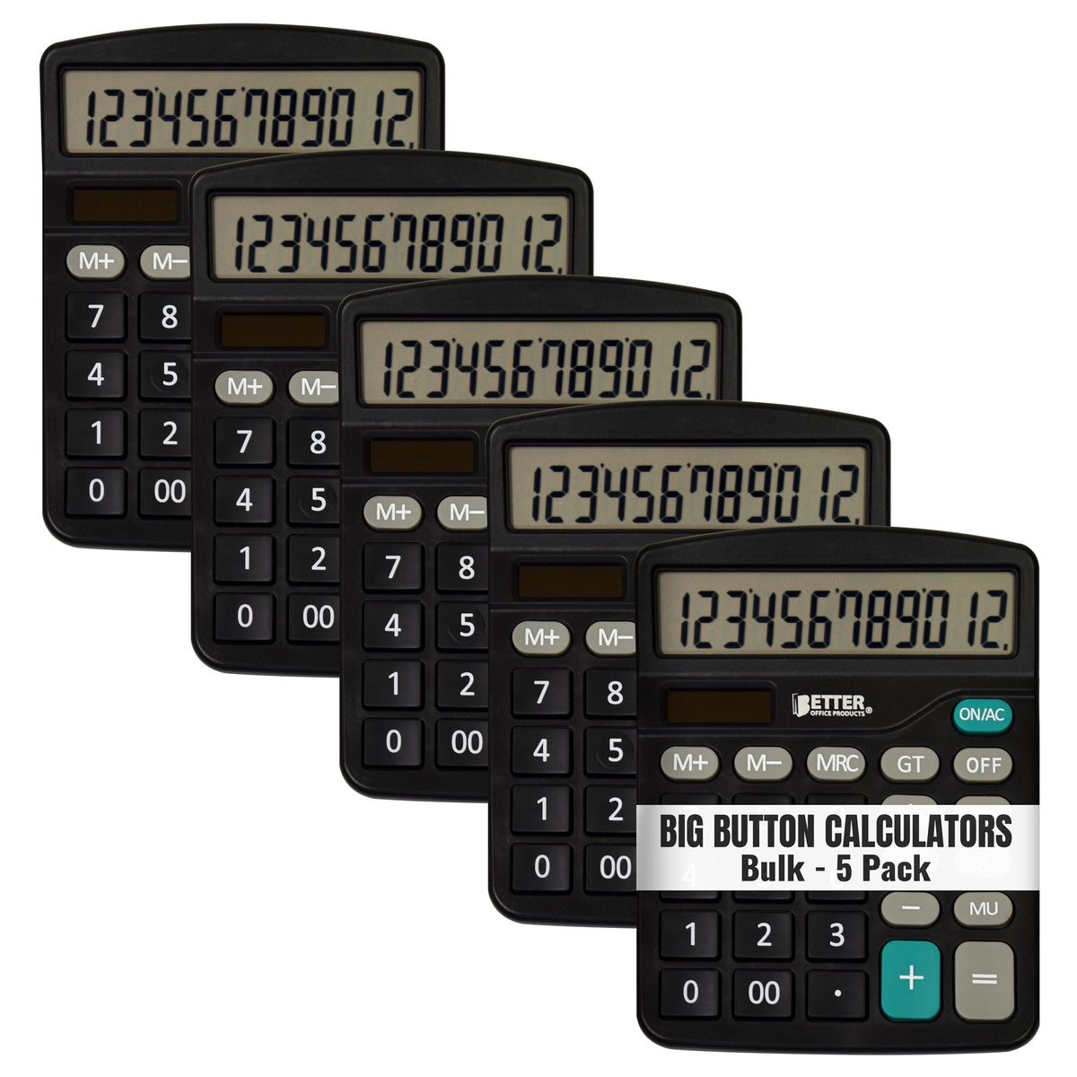 Calculadoras Grandes Better Office Products Negro Alimentación Dual con Pantalla LCD de 12 Dígitos Paquete de 5