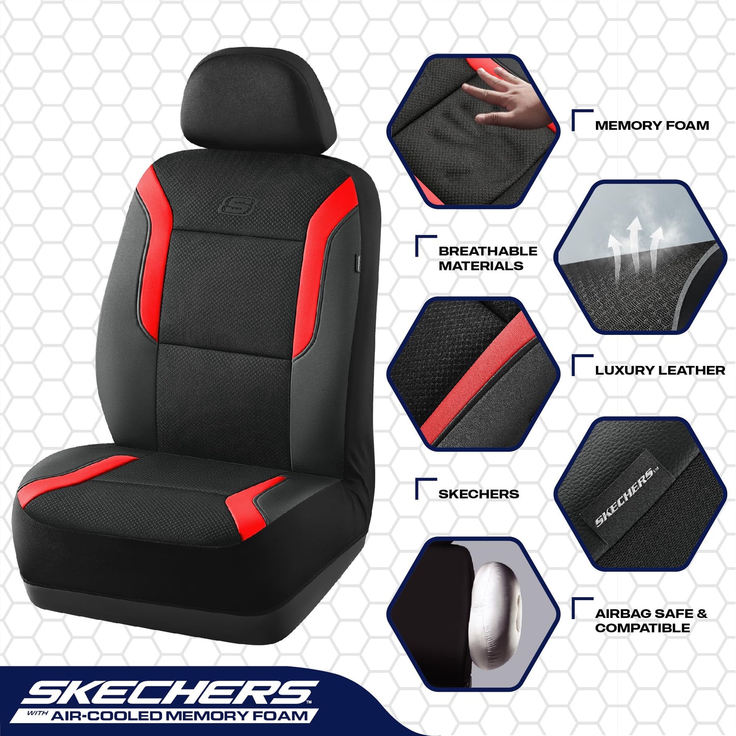 Skechers Memory Foam™ - Fundas de asiento de coche de piel, malla Air Cool, asiento delantero, compatible con airbag, comodidad y protección automotriz para la mayoría de vehículos, rojo