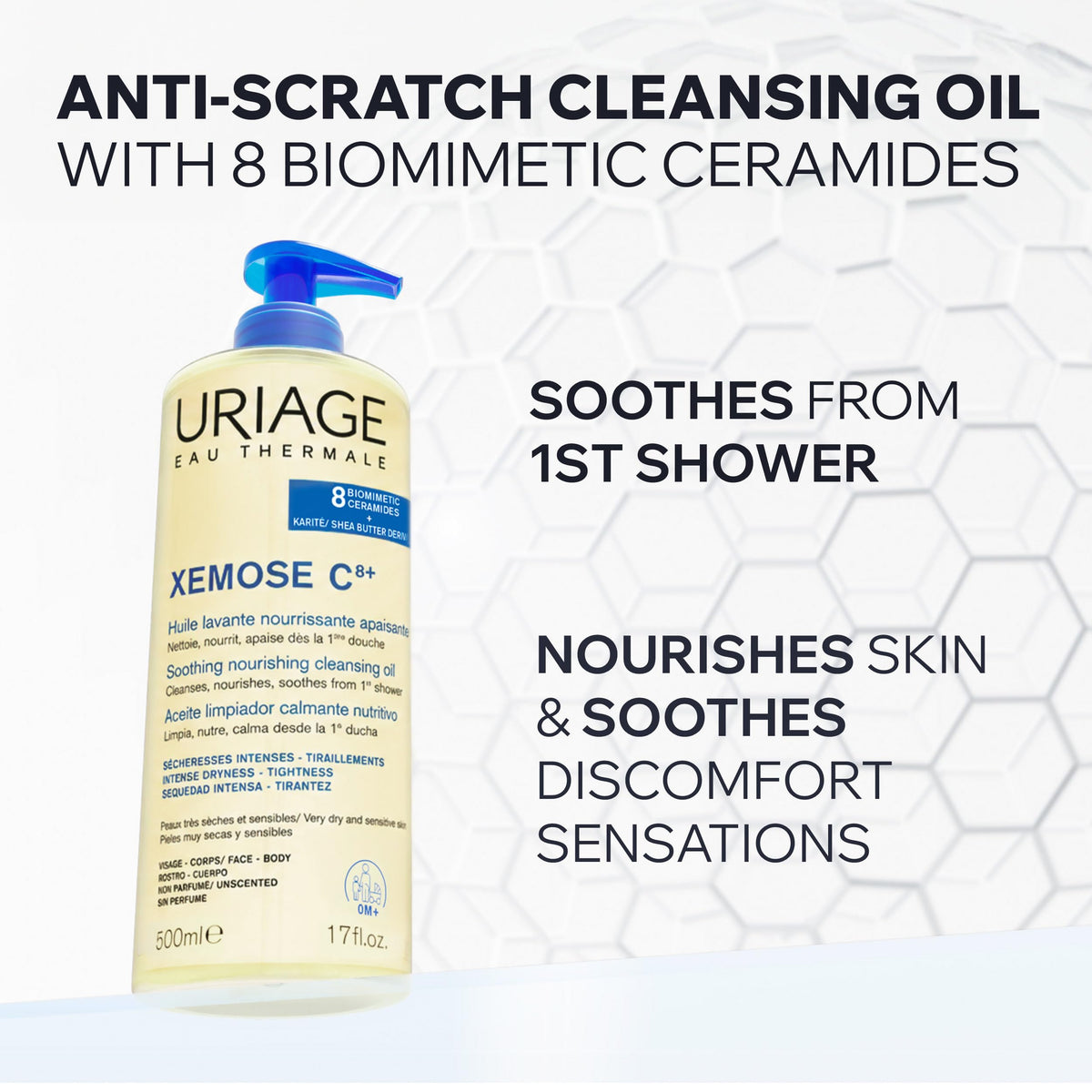 URIAGE XEMOSE Gel de ducha para piel seca, con tendencia atópica I Calma para un confort duradero. Gel en aceite espumoso, suave y nutritivo I Cara y cuerpo I Sin perfume sin jabón I pH fisiológico.