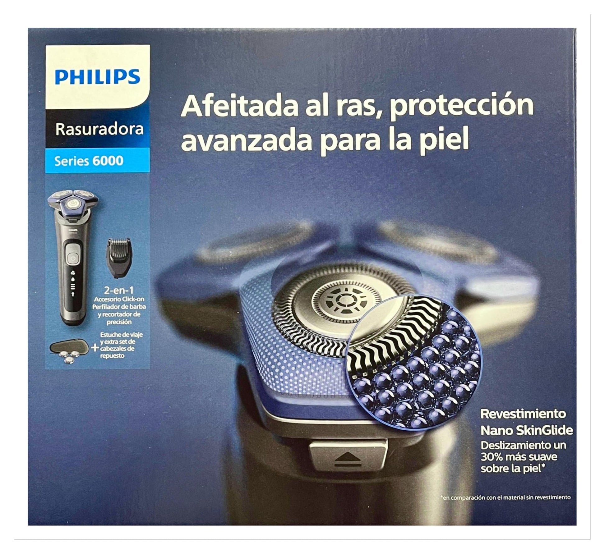 Rasuradora Electrica Philips Shaver Series 6000 Azul con Uso Seco y Húmedo + Estuche de Viaje + Set de Cabezales de Repuesto SH71