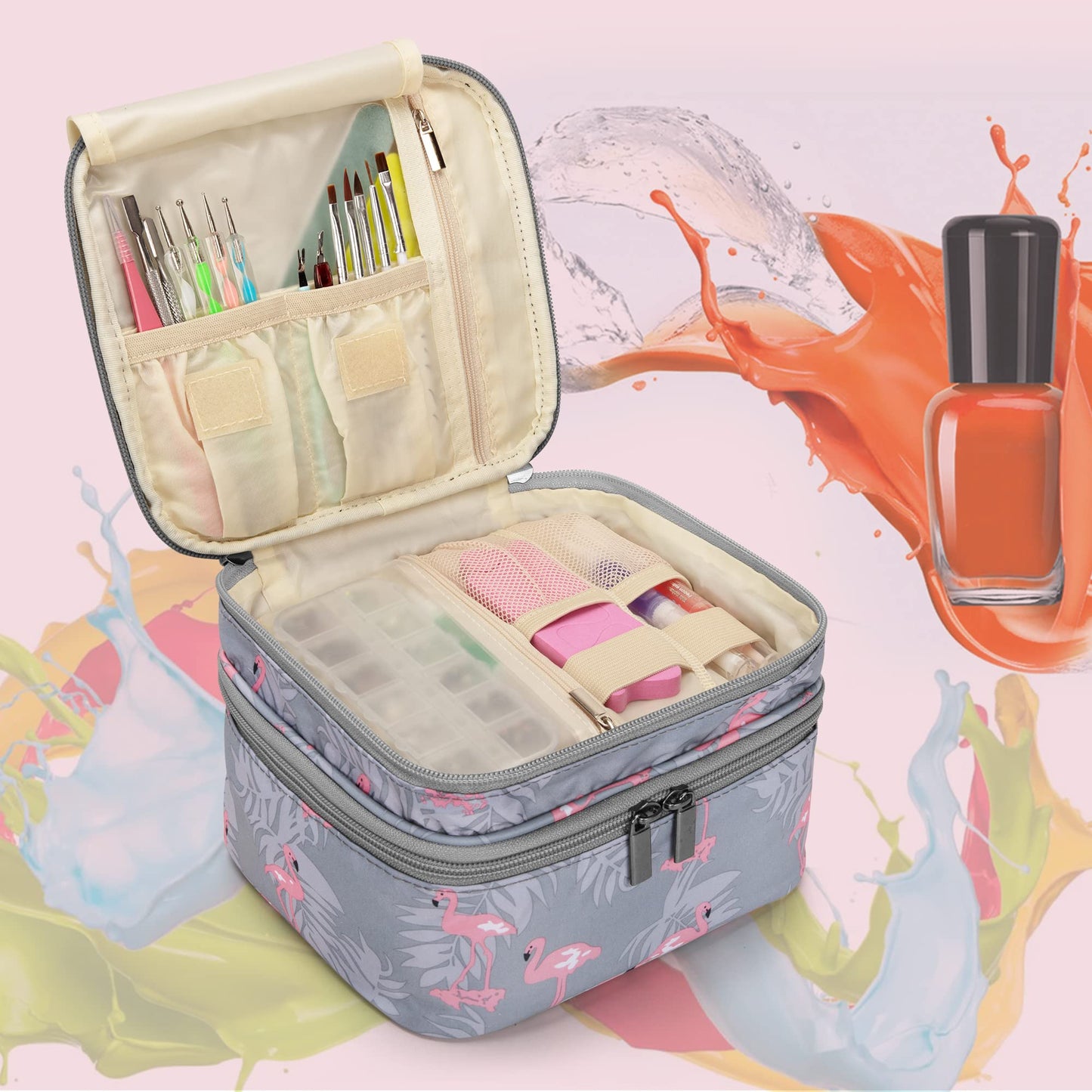 Luxja Nail Polish Carrying Case - Holds 20 Bottles (15ml - 0.5 fl.oz), Double-layer Organizer for Nail Polish and Manicure Set, Flamingo
