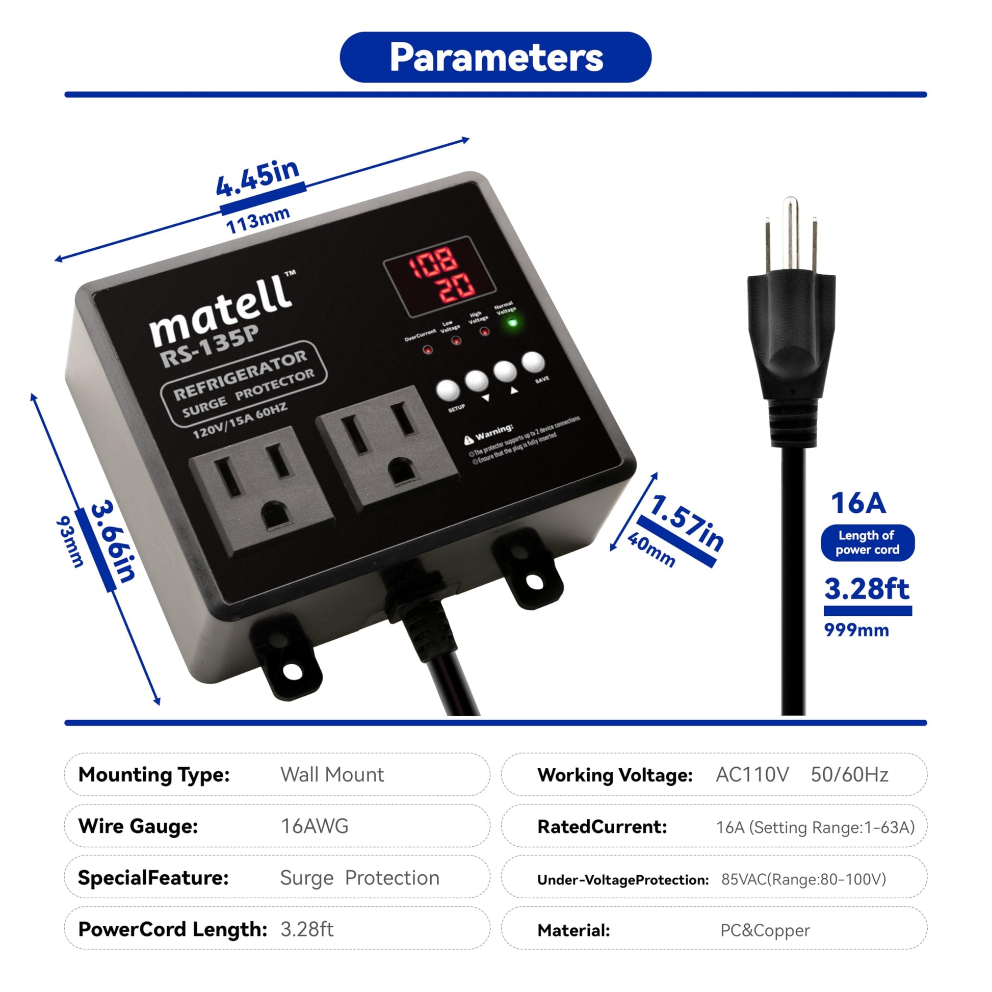 Protector de Sobretensiones Matell para Refrigerador Doble Voltaje con Retardo de Tiempo
