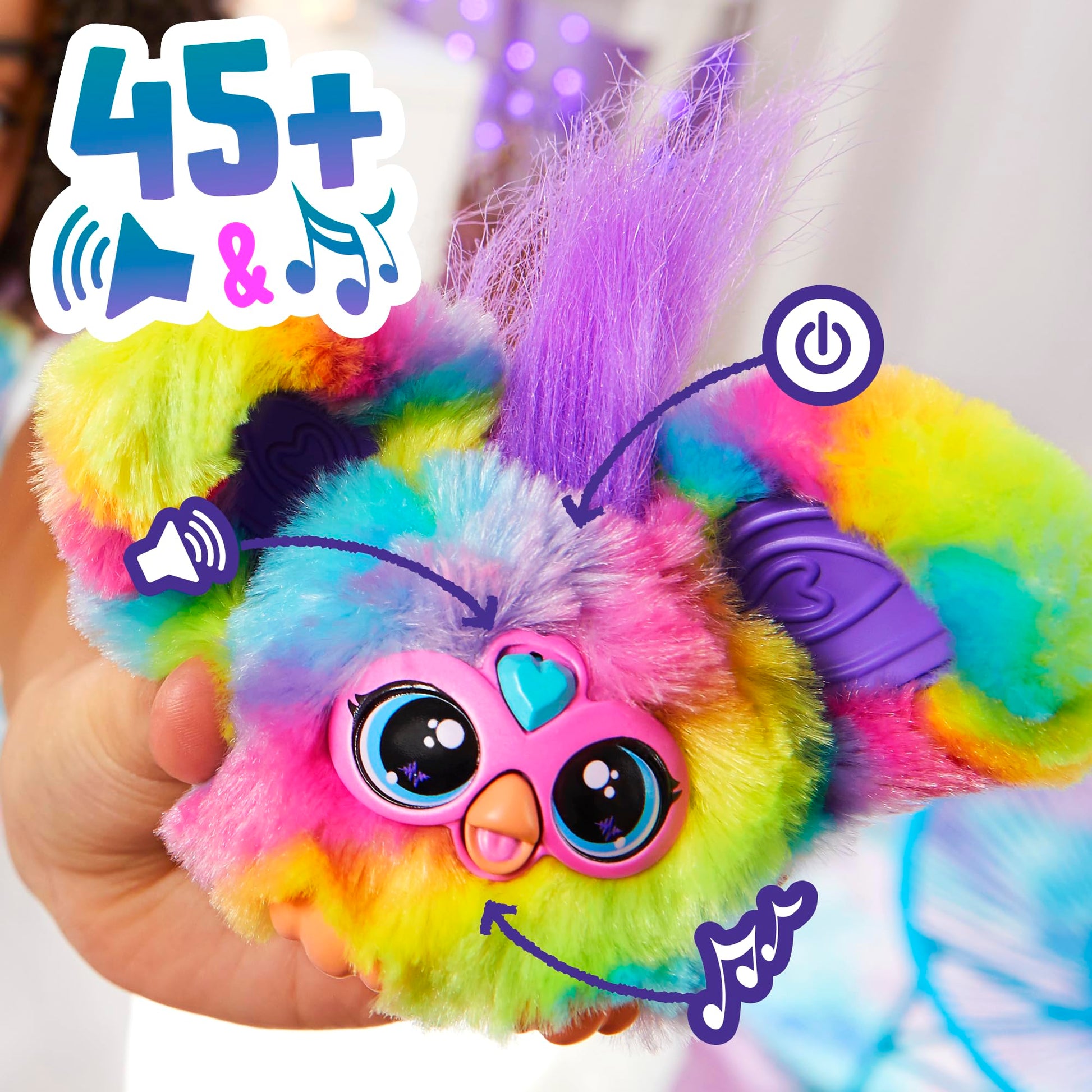 Furby Furblets Peluche Miniamigo Ray-Vee - Peluche electrónico arcoíris con más de 45 Sonidos, música K-Pop y Frases en Furbish con Llavero para niños y niñas a Partir de 6 años