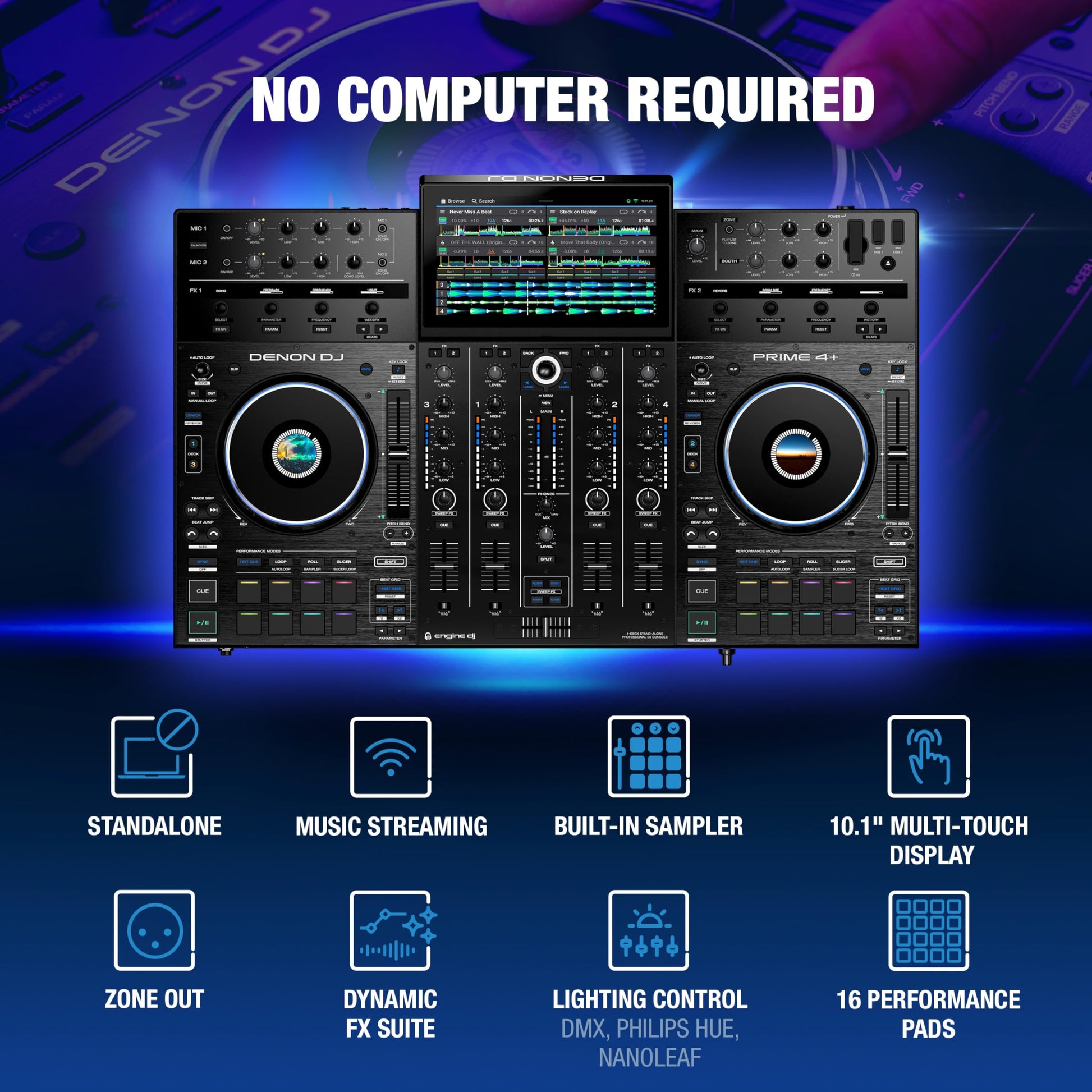 Denon DJ PRIME 4+ Controlador DJ Autónomo con Separación de Stems en 4 Decks, Streaming por WIFI, Mezclador, Pantalla Táctil 10.1", Control de Luces