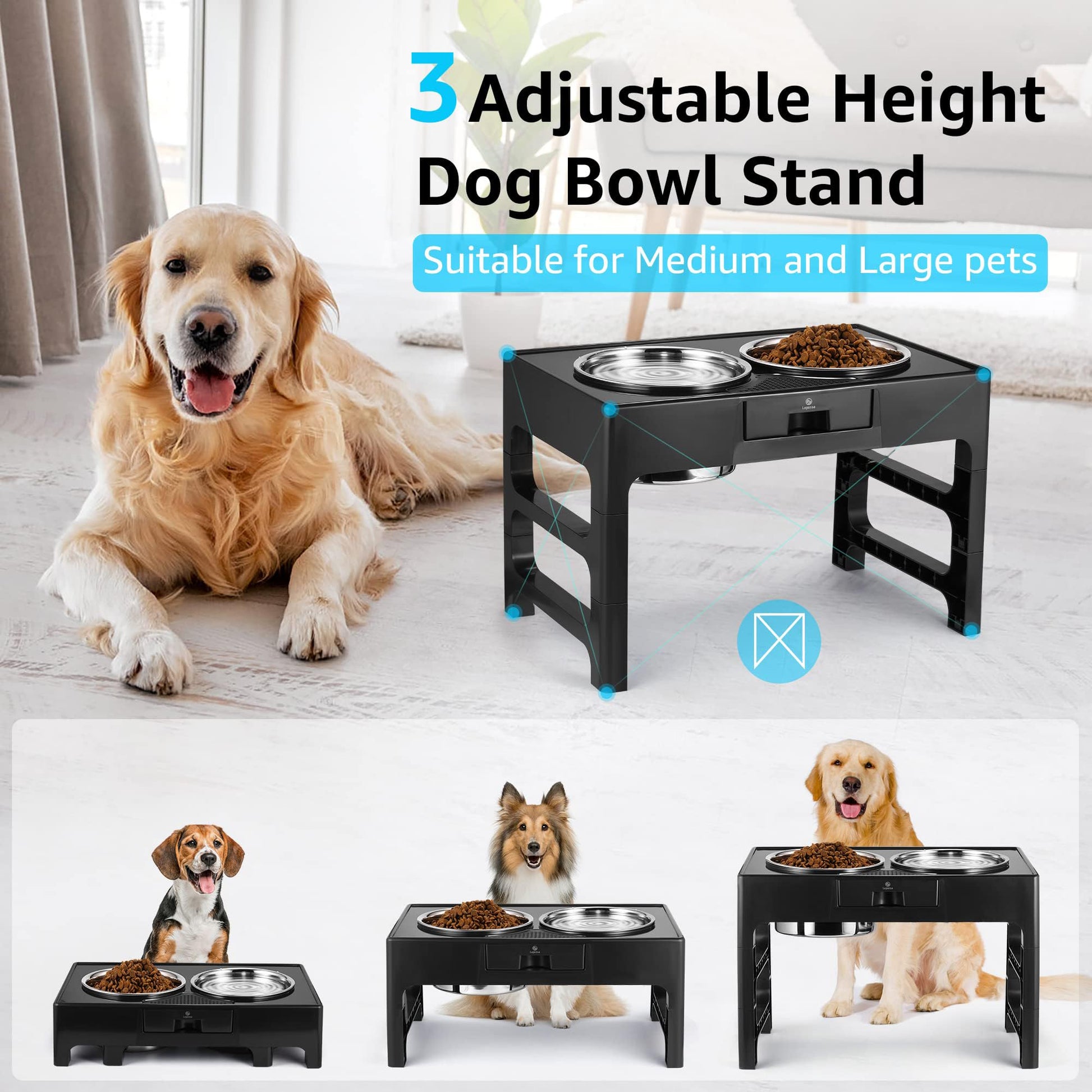Lapensa Cuencos Elevados Para Perros, Cuenco Profundo Para Perros Elevado De Acero Inoxidable Con Soporte Ajustable, Cuenco Doble Para Comida Y Agua Para Perros Medianos Y Grandes, 3 Alturas 3.9", 7.8
