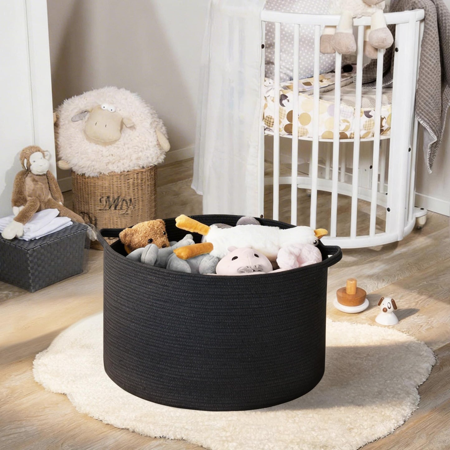 MEGASKET Cesta grande de manta negra, 55.88 x 55.88 x 35.56 cm, cestas de cuerda tejida para almacenamiento, cestas de almacenamiento de juguetes para perros para niños, cestas organizadoras,