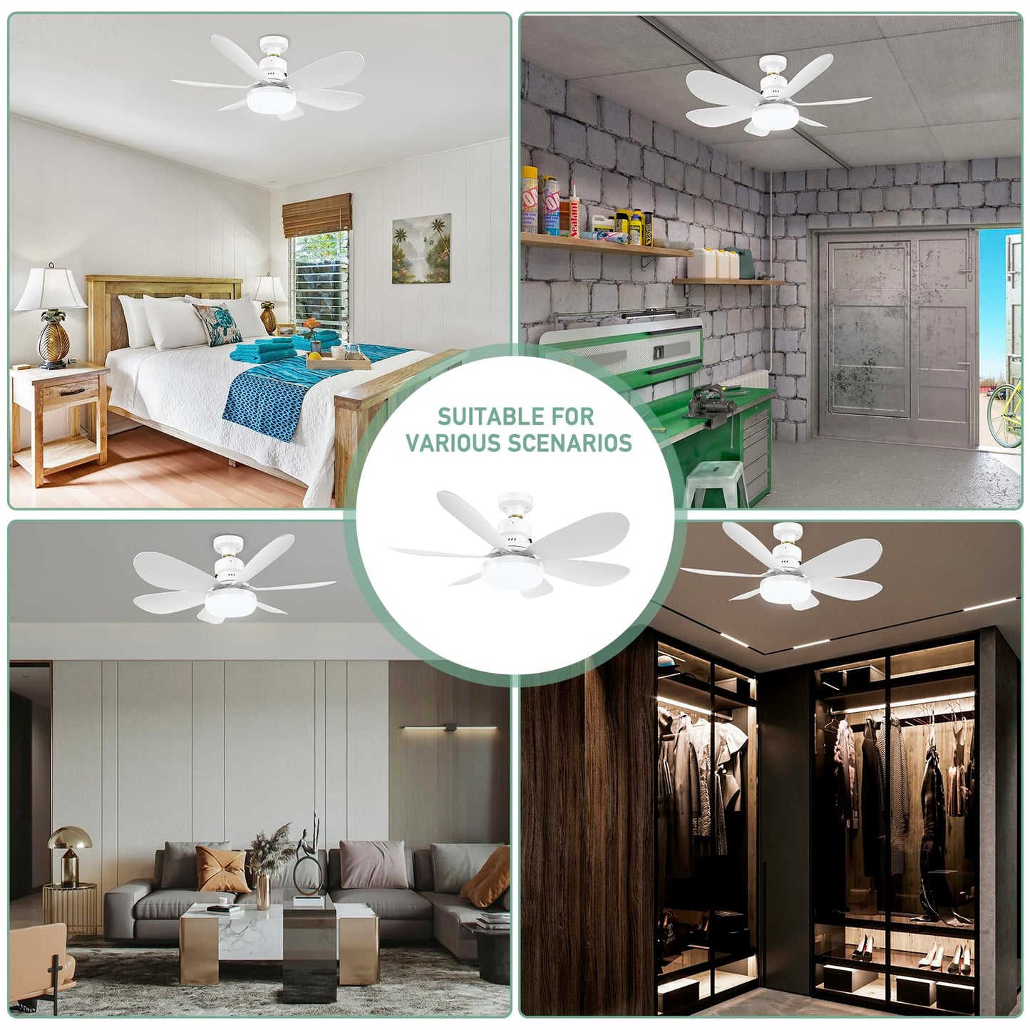 Ventilador de Techo Zern Blanco con Luz y Control Remoto LED Silencioso para Garage