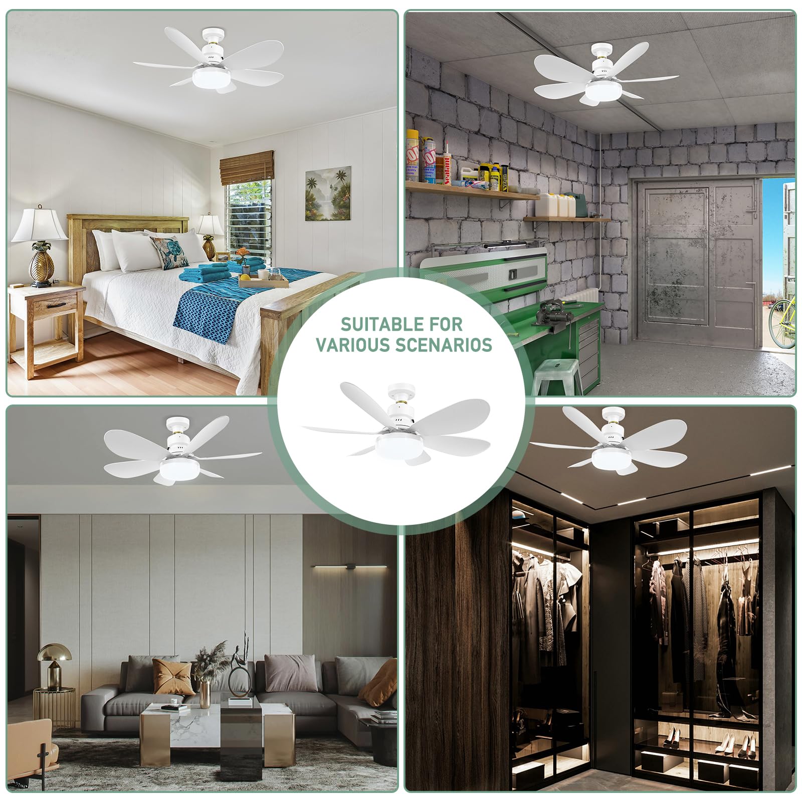 Ventilador de Techo Zern Blanco con Luz y Control Remoto LED Silencioso para Garage