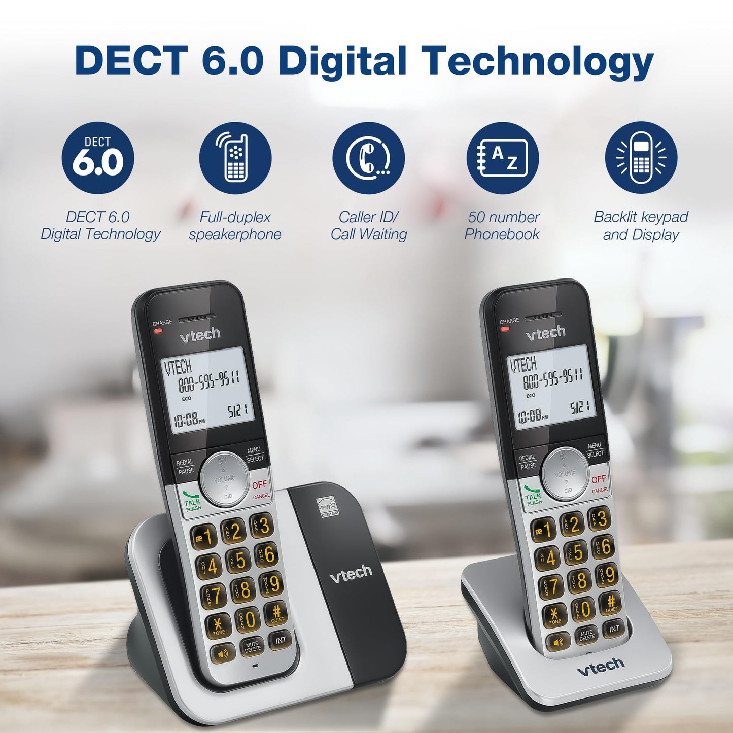 VTech - Teléfono inalámbrico con visualización Grande y Botones Grandes, DECT 6.0 con identificador de Llamadas/Llamada en Espera, Altavoz dúplex Completo, Modo Eco, último remarcado de 10 números,