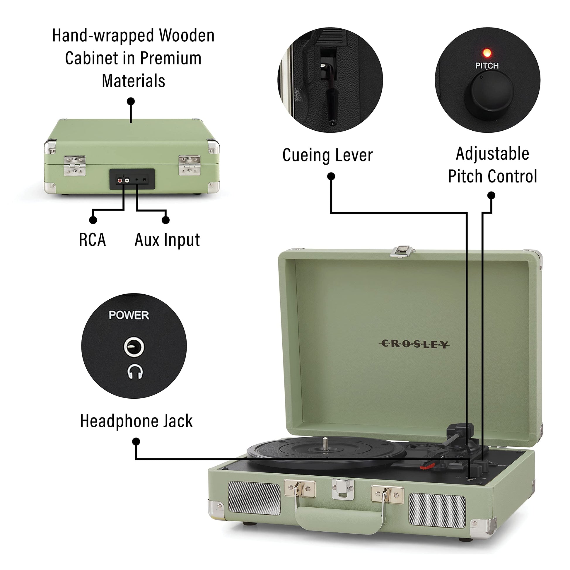 Crosley CR8005F-MT Cruiser Plus - Tocadiscos de 3 velocidades, Bluetooth, Color Verde