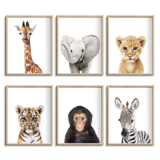 Juego de 6 decoraciones de pared para bebé Safari – Cuadro lindo animal impreso en lona, regalos de menos de 20 dólares para habitación de bebés y niñas, arte de pared sin marco