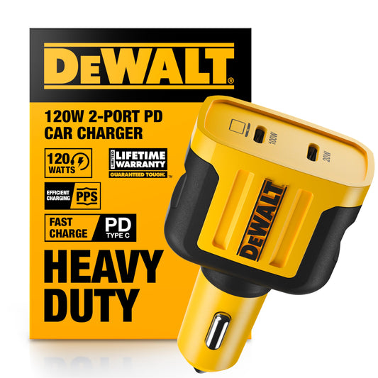 DEWALT USB C Cargador de Coche, 120W 2-Puerto PD 3.0 Tipo C Adaptador, PPS Carga Rápida con Power Delivery para iPhone 16 15 14 13 12 11 X XS Pro MAX Mini, Galaxy S22/S20/S10, Pixel, iPad/iPad Mini