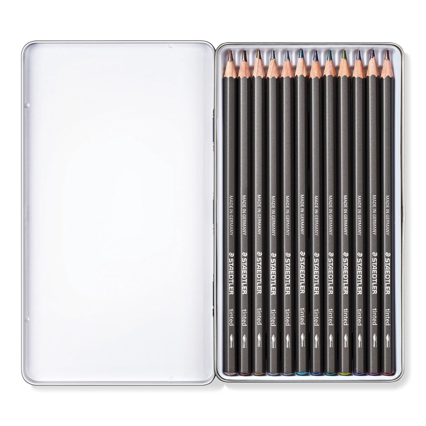 Staedtler - Lápices de grafito tintados solubles en agua, juego de acuarela, preafilados, 12 colores en lata de metal, 14610T M12