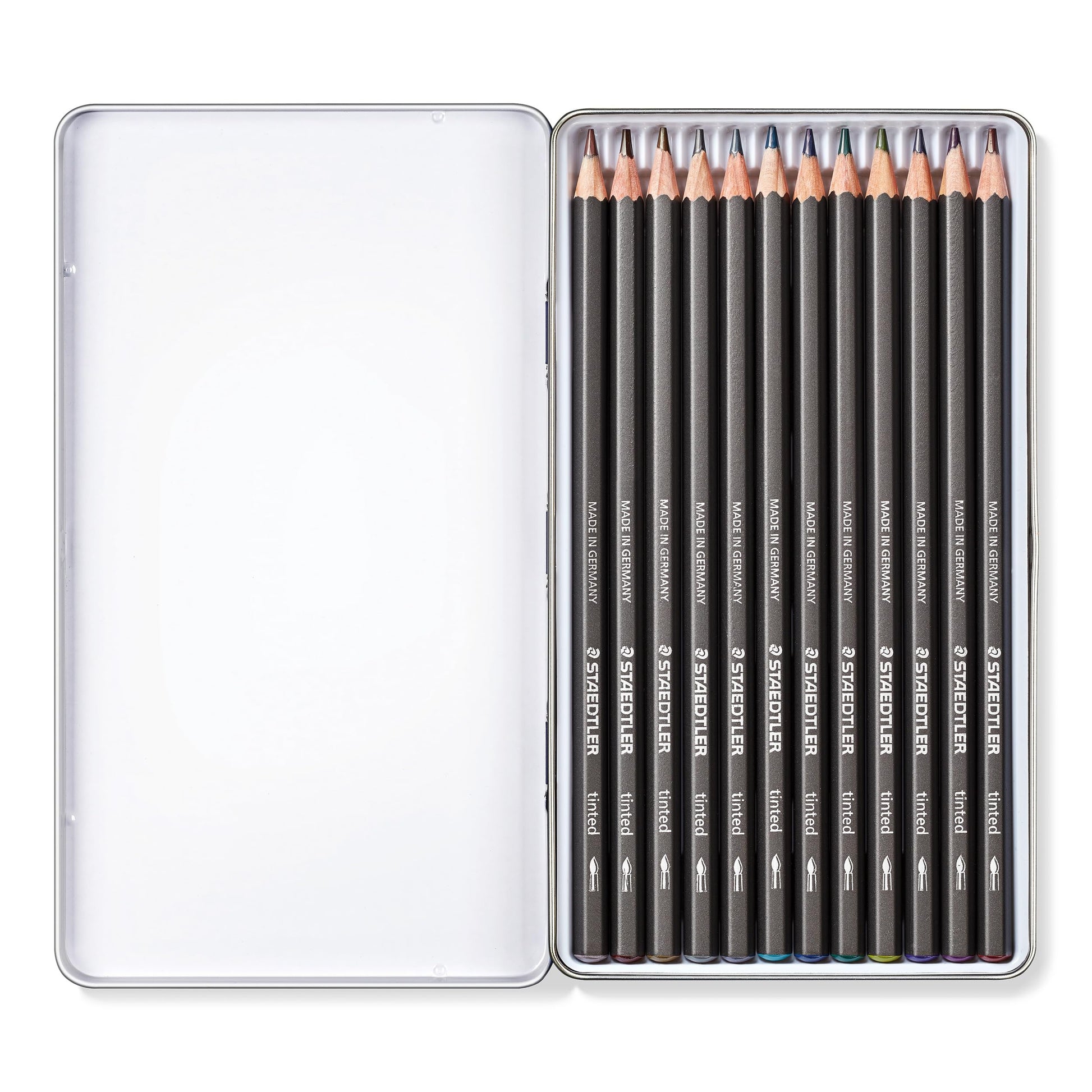 Staedtler - Lápices de grafito tintados solubles en agua, juego de acuarela, preafilados, 12 colores en lata de metal, 14610T M12