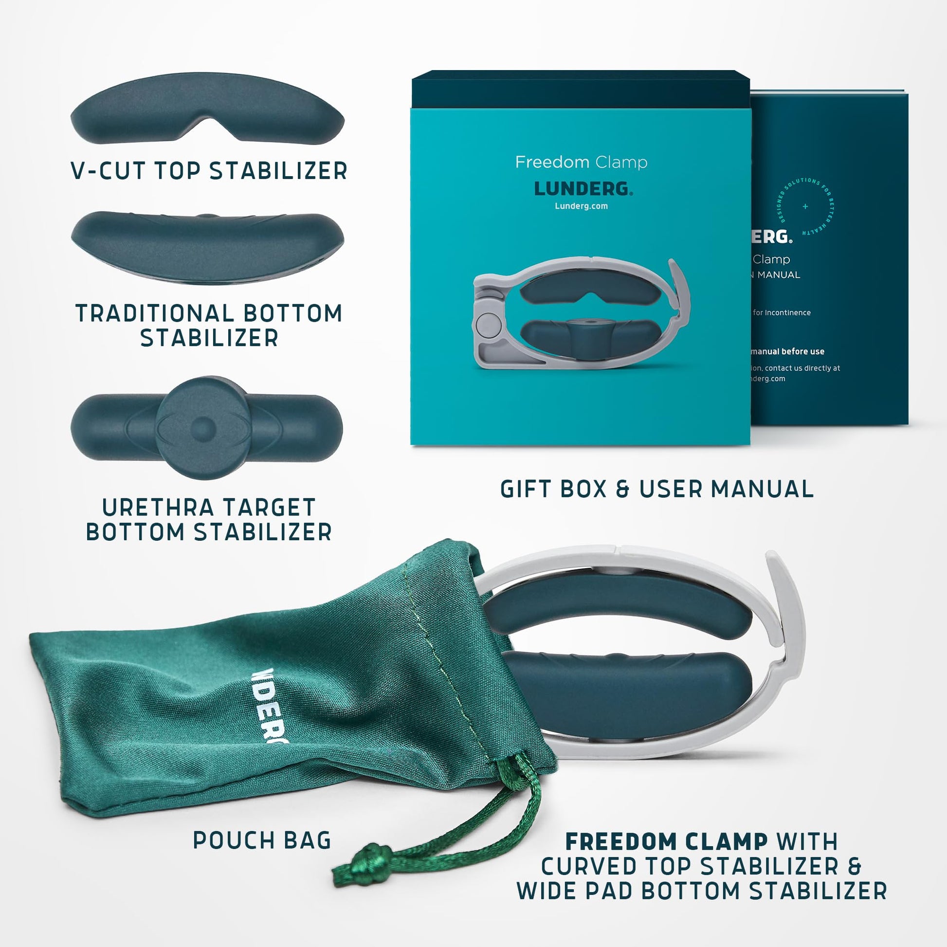 Lunderg-Abrazadera Freedom de con la innovadora ProHinge para presión descendente y 5 accesorios diferentes Abrazadera para el pene totalmente personalizable para la incontinencia Productos para la in