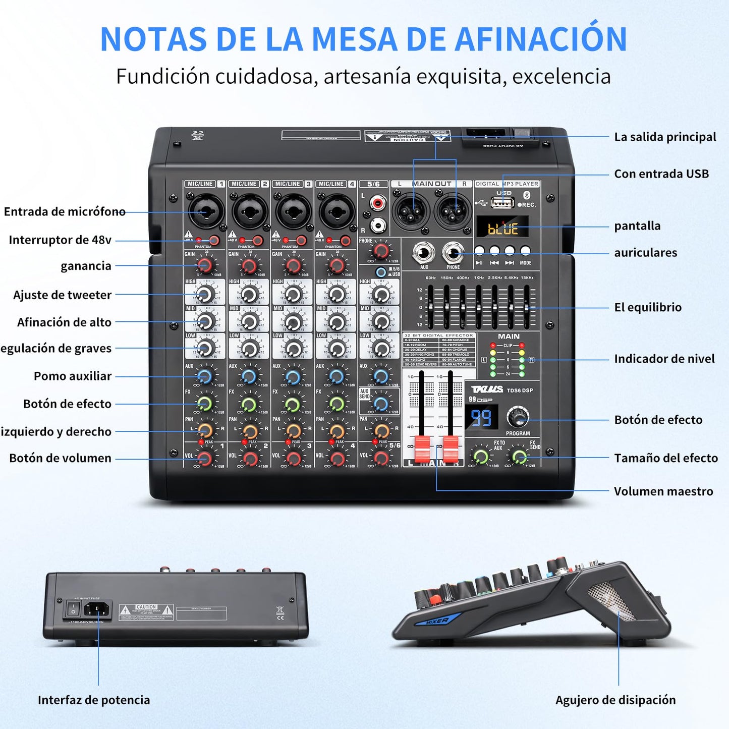 Mezclador de Audio Profesional TKLBLS Mezcla 6 Canales USB DSP Estéreo Phantom Power 48 V