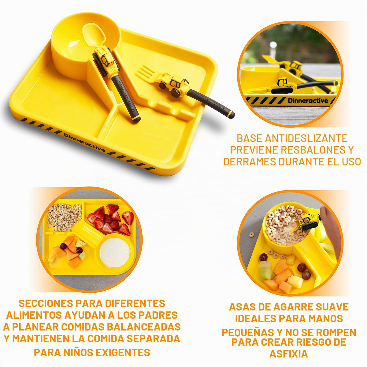 Dinneractive Juego de comedor para niños, vajilla temática de construcción de 3 piezas, utensilios de tractor, platos para bebés
