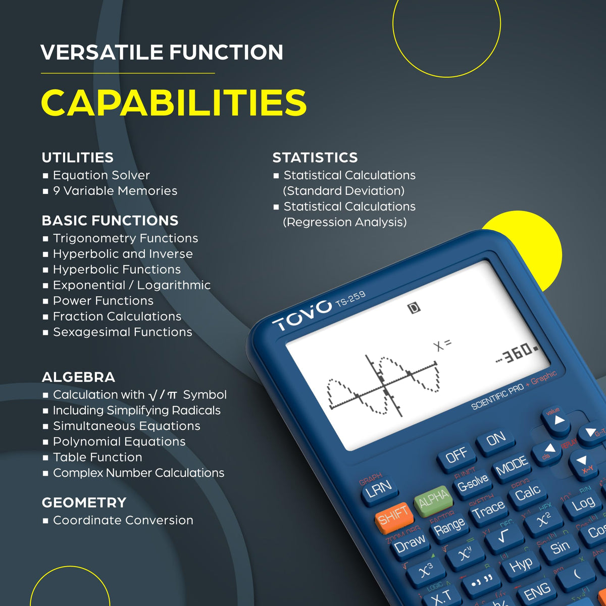 Calculadora Científica TOVO TS-259 Negra con Visualización Grande y Funciones Gráficas Avanzadas