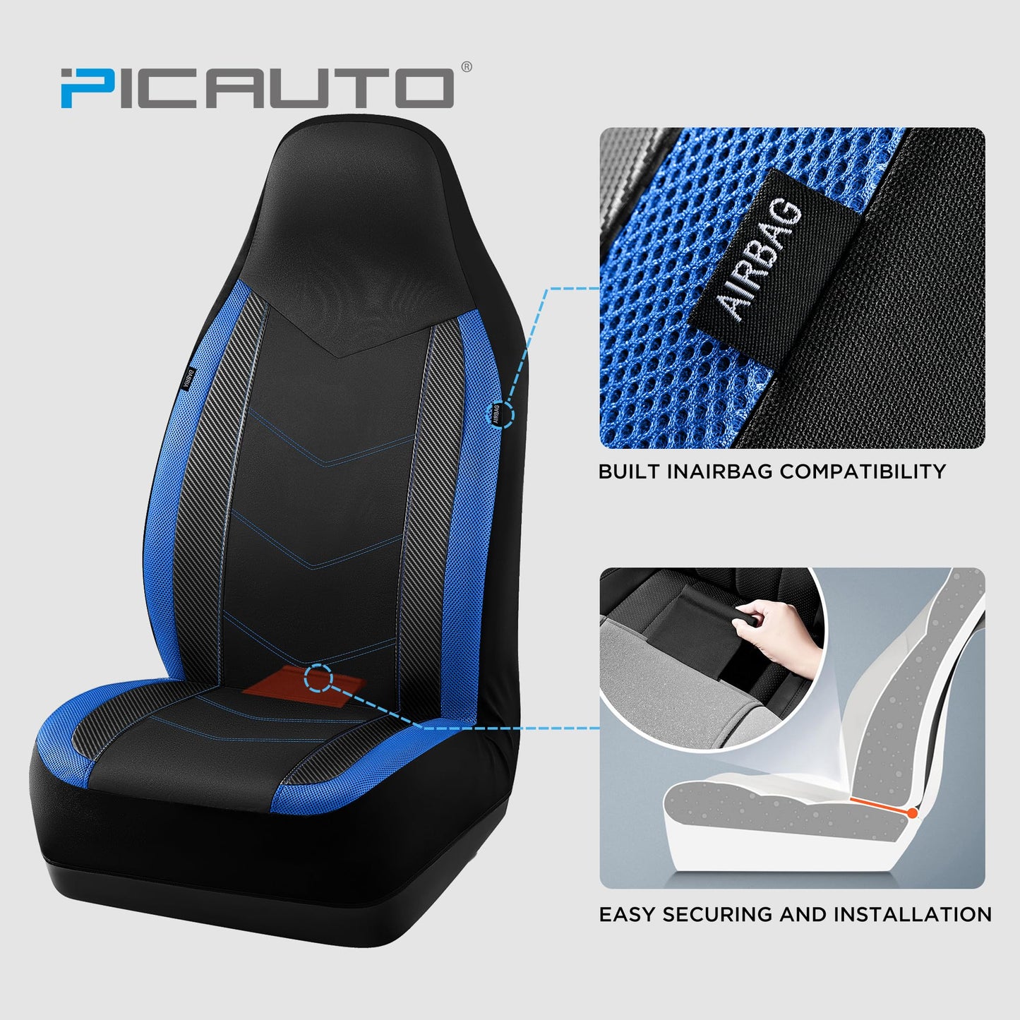 PIC AUTO - Fundas de Asiento Delantero de Coche con Respaldo Alto, diseño de Malla de Fibra de Carbono, Ajuste Universal, Compatible con airbag (Azul)