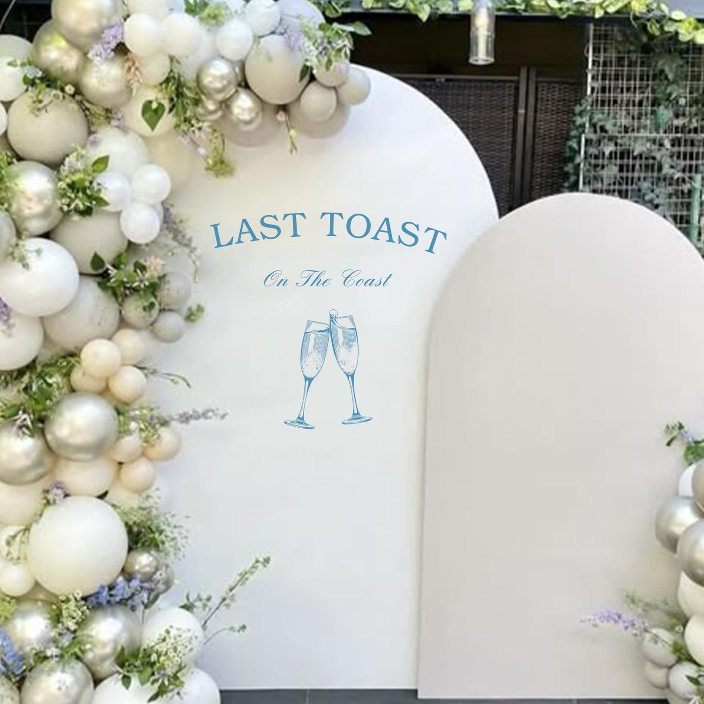 Gostman Last Toast on The Coast - Calcomanía de pared con texto en inglés "Last Toast on The Coast", letras azules con diseño de copa de vino, decoración de fiesta de boda (calcomanía costera)