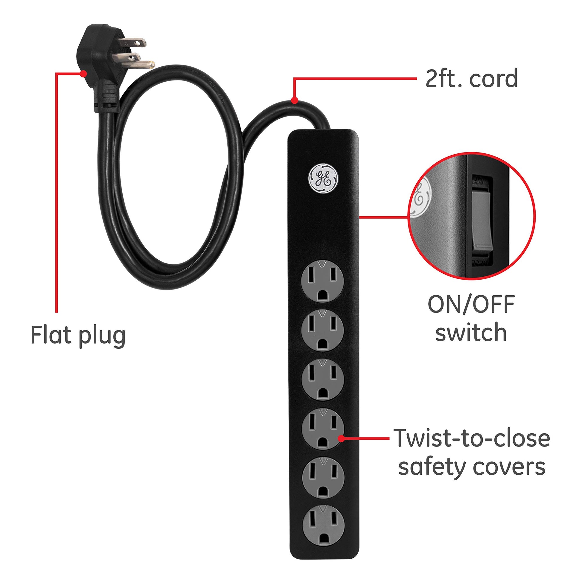 GE Tira Multicontactos De 6 Salidas con Supresor De Picos Y Enchufe Plano, Cable De Extensión De .60 Metros (2 Pies), 450 Julios, Cubiertas De Seguridad con Giro para Cerrar, Negro,2 Unidades, 54626