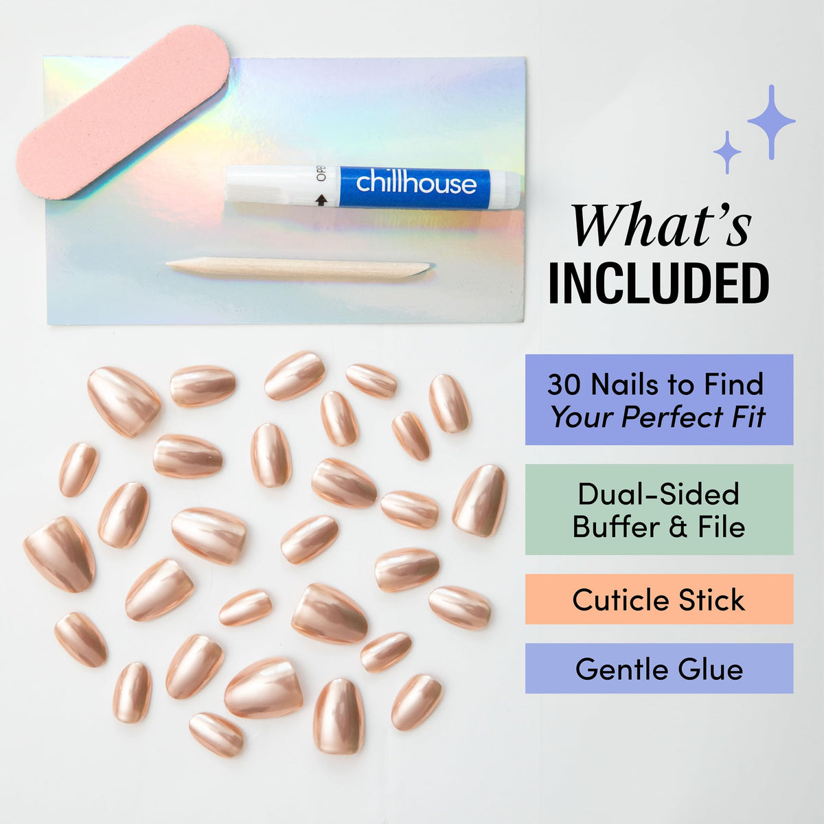 Chillhouse - Kit de Uñas Chill Tips, Uñas Postizas - Levanta una Copa (ovalada) - 30 Formas y Tamaños de Uñas - Hasta 2 Semanas de Uso - Ajuste Personalizable - Reutilizable - Fundado por Latinas y Pr