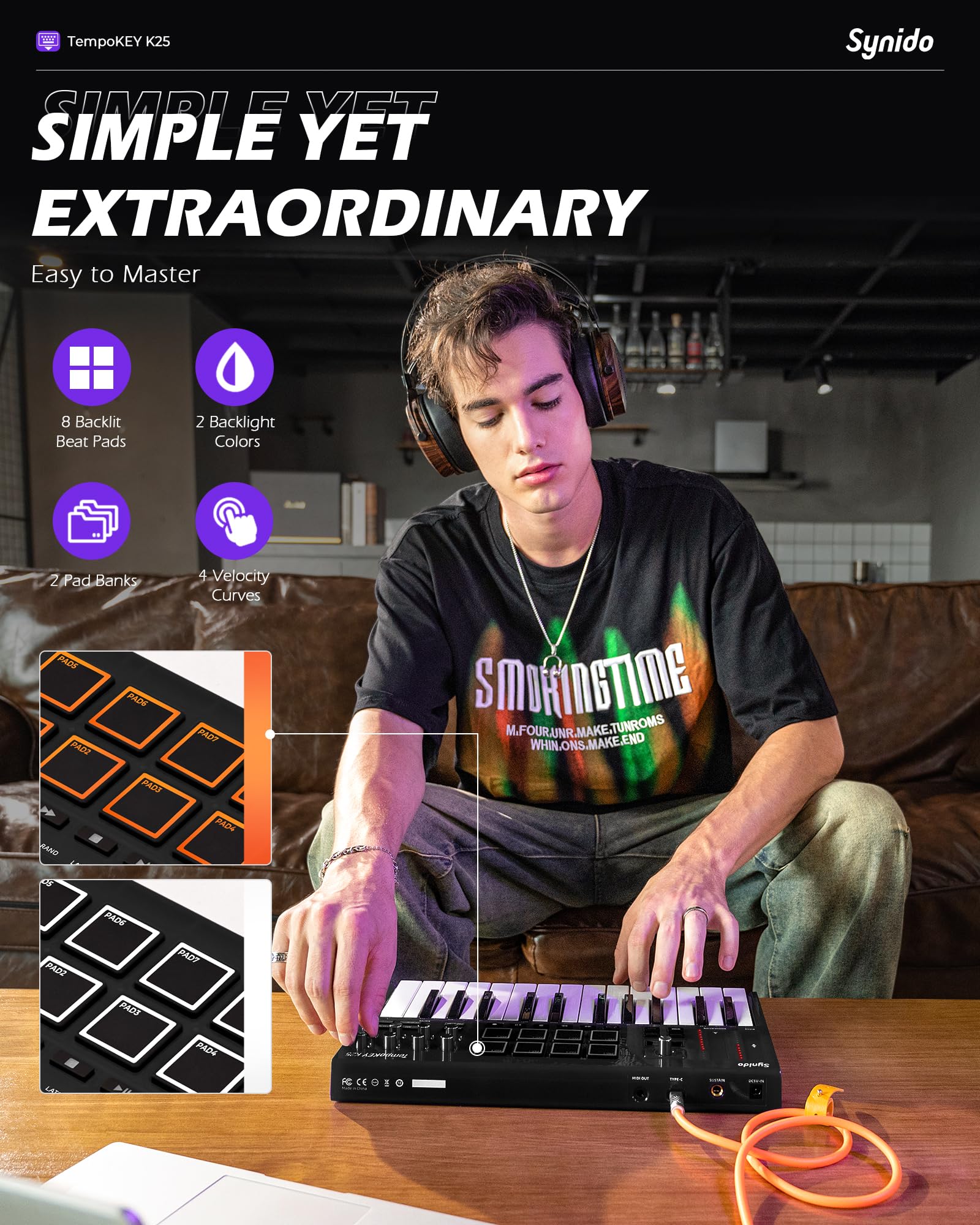 Teclado MIDI USB Synido Negro con Visualización OLED y Almohadillas de Tambor para Producción de Música