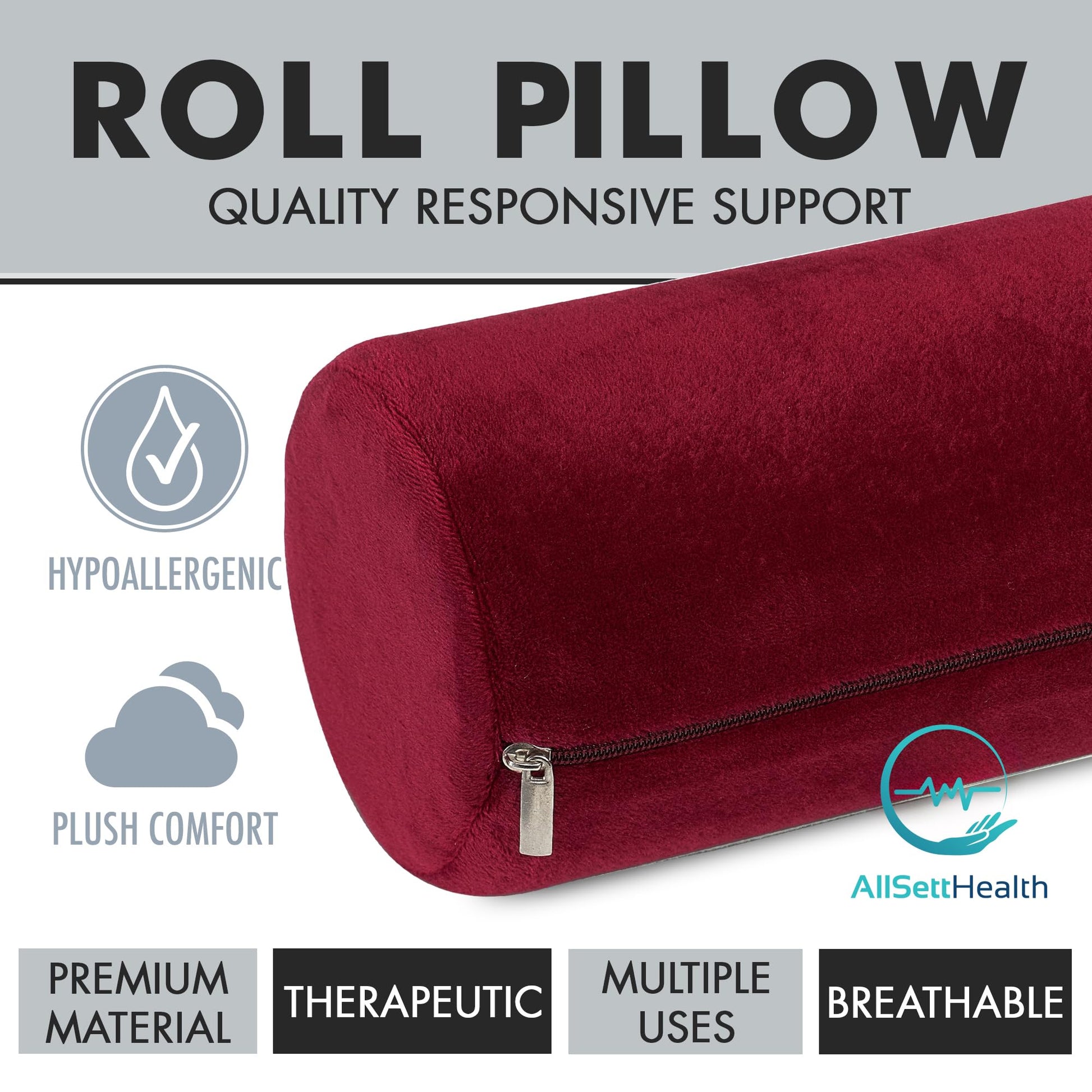 AllSett Health - Almohada de espuma viscoelástica para cuello cervical, almohada de cuello redondo, soporte para dormir, almohada para cama, piernas, espalda y yoga, funda de baño color burdeos