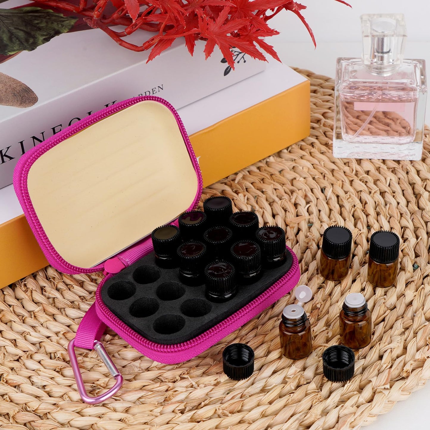 Biiange - 2 fundas para botellas de aceite esencial, caja de almacenamiento de aceite esencial, con 30 botellas de aceite esencial, Rosa Rojo, 2 fundas para botellas + botella de aceite esencial de 2