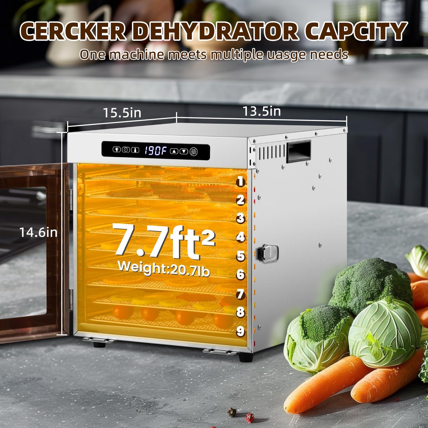 Máquina deshidratadora de alimentos, 9 bandejas de acero inoxidable, deshidratador de frutas de 1000 W, secador de carne de 7.7 pies cuadrados para ceca, control de temperatura de 190 ºF, máquina