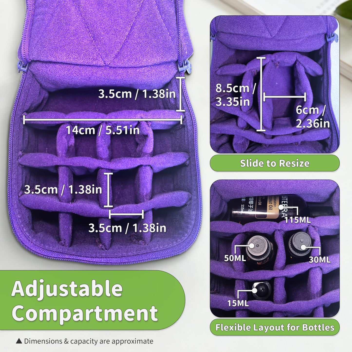 Weljoy - Estuche de transporte de aceite esencial de 13 botellas para botellas de 100 ml, 30 ml, bolsa de viaje con espacio ajustable para botellas enrollables y goteros, lápiz labial, Púrpura, 5.9 x