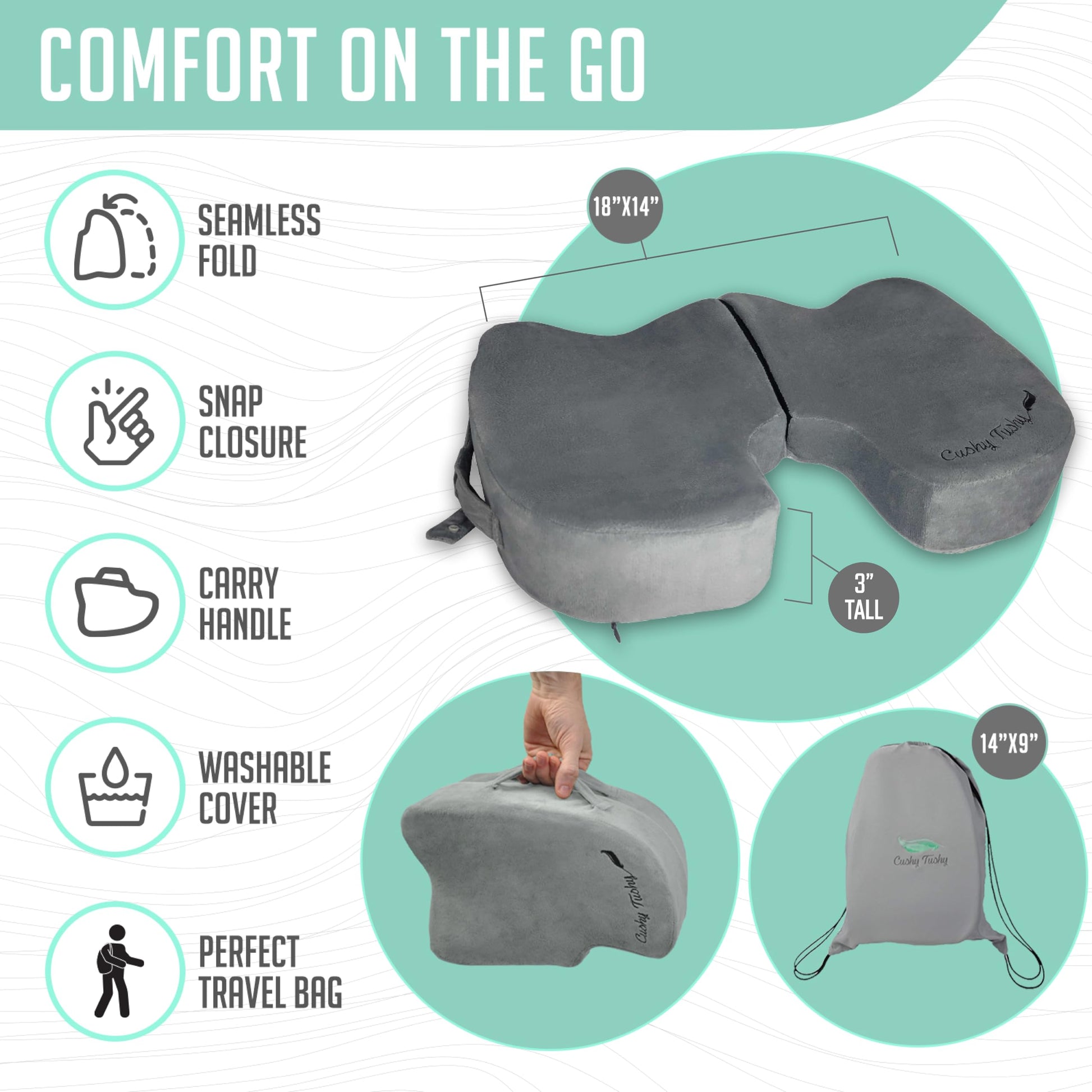 Cushy Tushy - Cojín de Asiento de Viaje Plegable de Alta Calidad para aliviar el Dolor de Espalda Baja, ciático, glúteos y coxis, para Uso en el hogar y la Oficina, Perfecto para Viajar o Conducir,