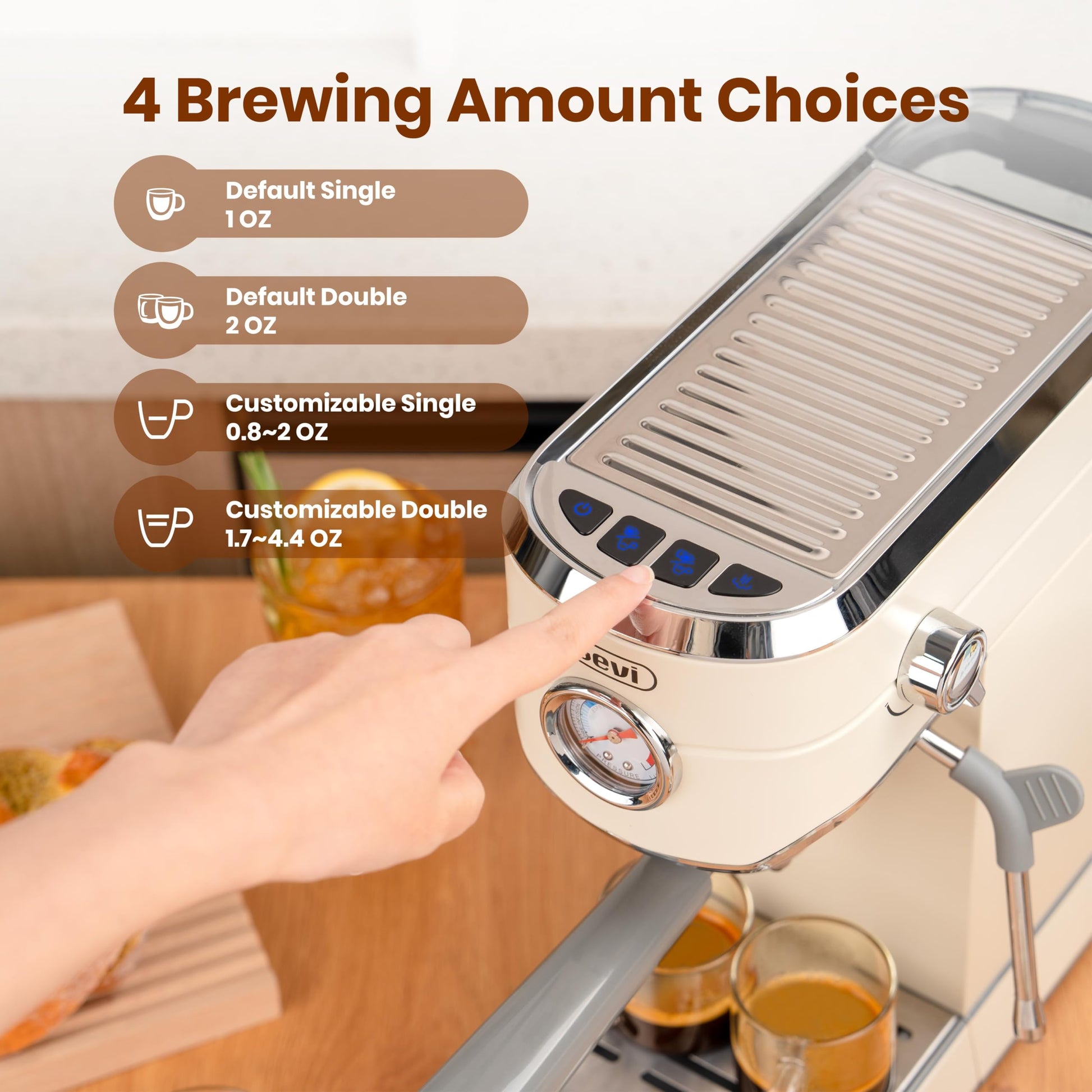 Gevi - Máquina de Espresso Profesional Compacta de 20 Bares Con Espumador de Leche Para Expreso, Latte y Capuchino Con 35 Ajustes Precisos de Molienda, Color Beige