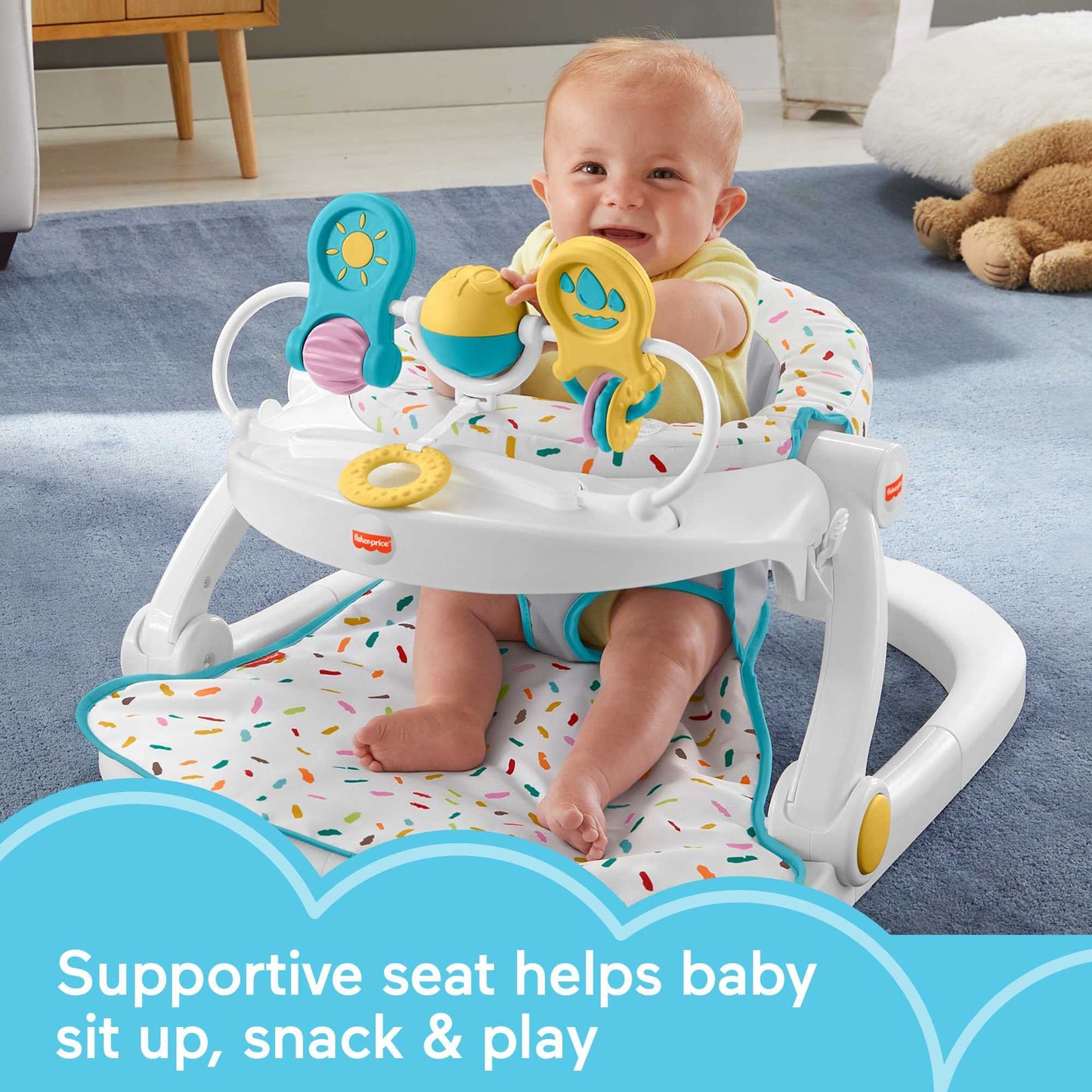 Fisher-Price - Silla portátil para bebé de lujo, asiento de suelo sentado con bandeja para aperitivos, juguetes de actividad para recién nacidos y almohadilla lavable con chorros de arco iris