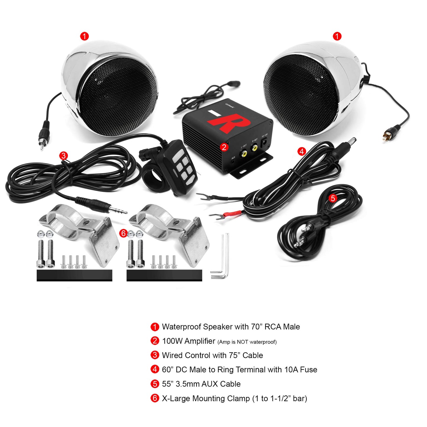 GoHawk TN4-R - Amplificador de 10 cm, rango completo, impermeable, Bluetooth, bocinas estéreo para motocicleta, de 1 a 1.5 pulgadas (2.5 a 4 cm) Sistema de amplificador de audio para montaje en manubrio de Harley Touring Cruiser, ATV RZR, auxiliar, radio