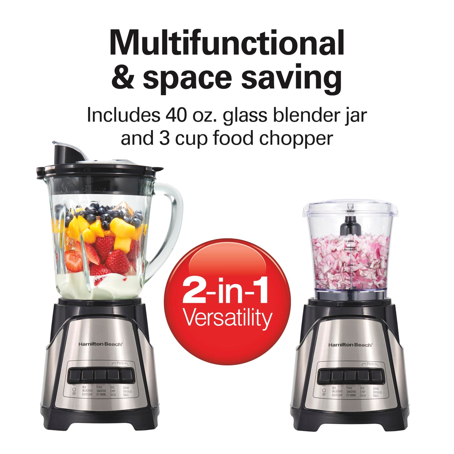 Hamilton Beach Power Elite Licuadora para batidos con 3 tazas cortador de verduras mini procesador de alimentos, tarro de vidrio de 40 onzas, 12 funciones para puré, hielo aplastado, negro y acero