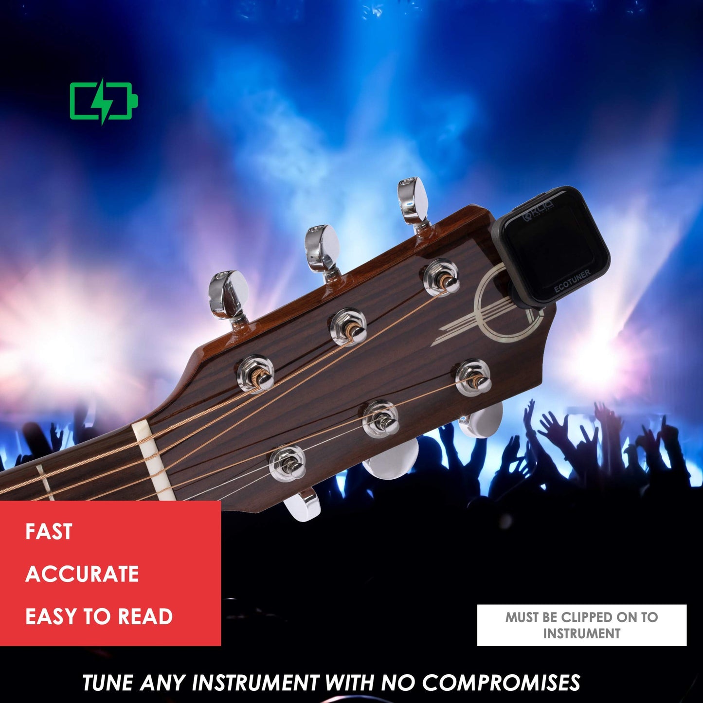 KLIQ EcoTuner - Sintonizador de clip recargable por USB para todos los instrumentos (con cable de carga incluido)